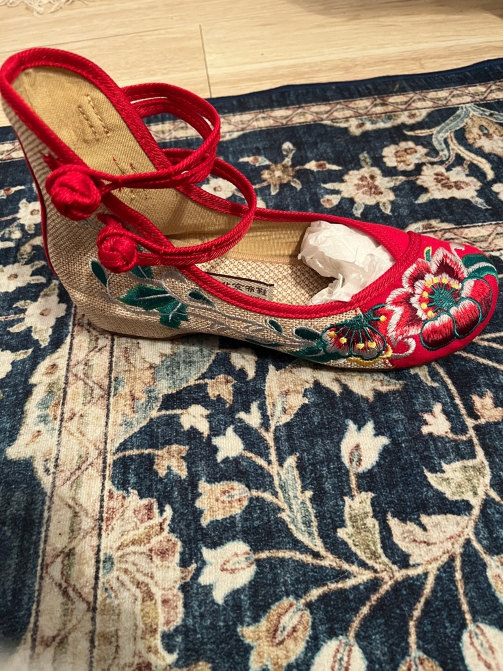 Red Floral Embroidered Flats